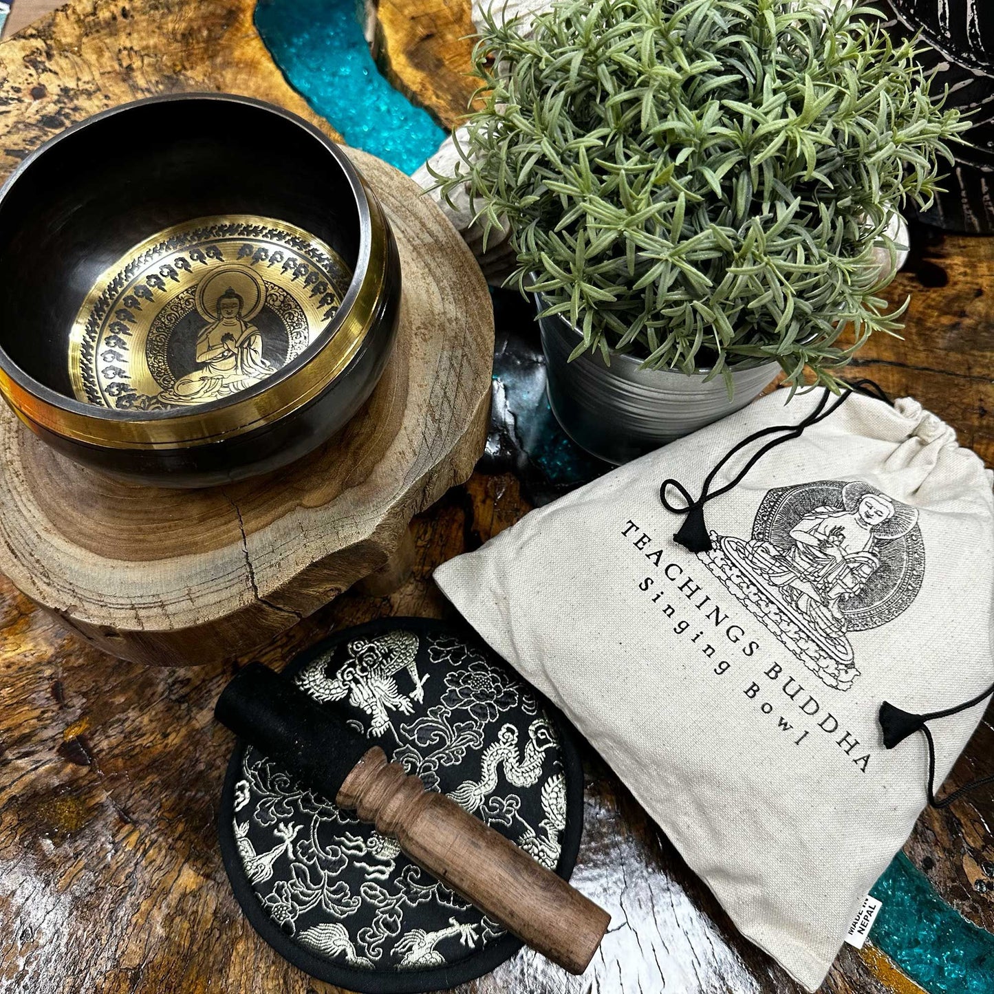 Hand Beaten & Engraved Singing Bowl Gift Set – 14cm, Teachings of Buddha with Mallet, Cushion & Pouch