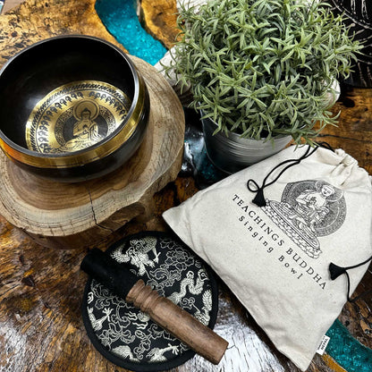 Hand Beaten & Engraved Singing Bowl Gift Set – 14cm, Teachings of Buddha with Mallet, Cushion & Pouch