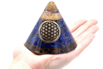 Orgonite Cone – Lapis with Flower of Life & Suspended Quartz (90mm)