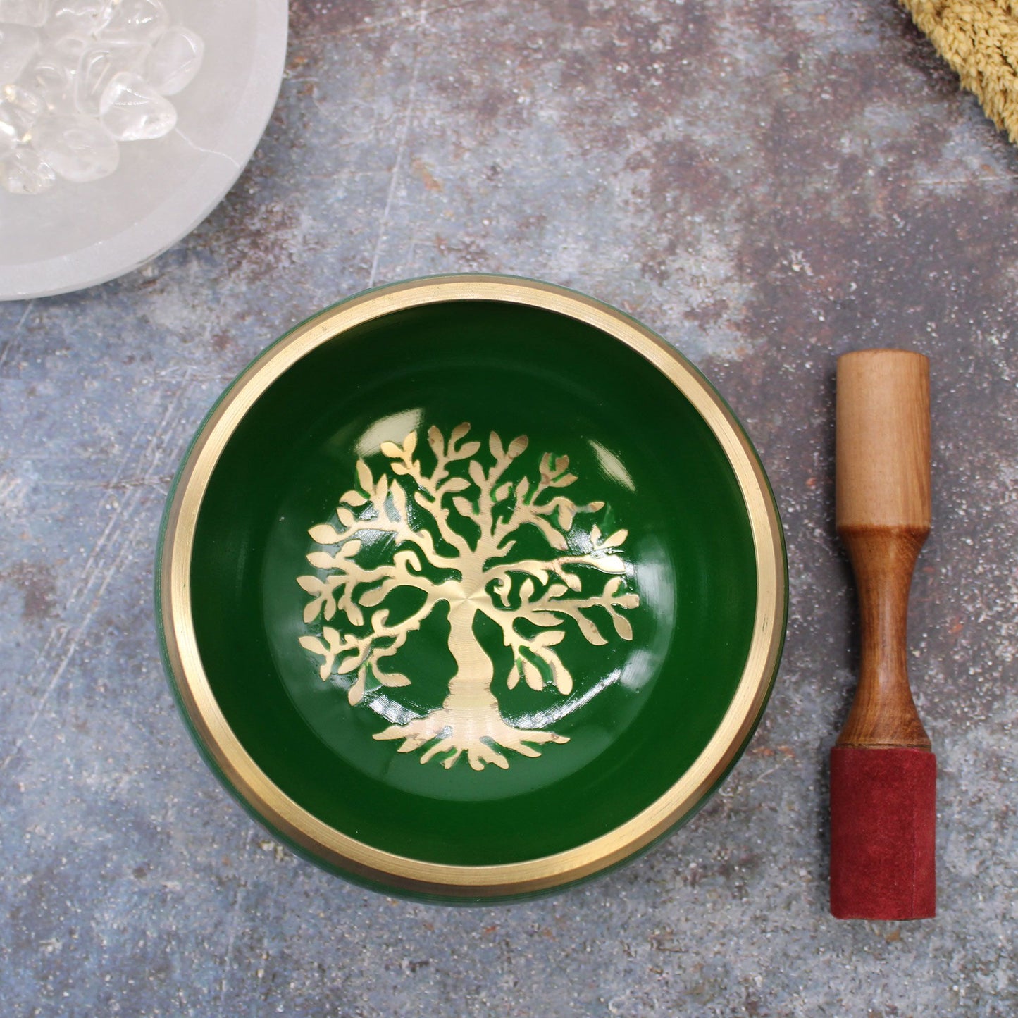Large Tree of Life Singing Bowl Set – Green Brass Meditation Bowl (14cm)
