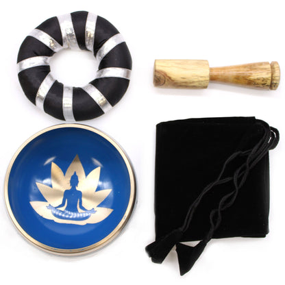 Yoga Moves Singing Bowl Set – 10.7cm White & Blue Brass Meditation Bowl with Mallet and Cushion