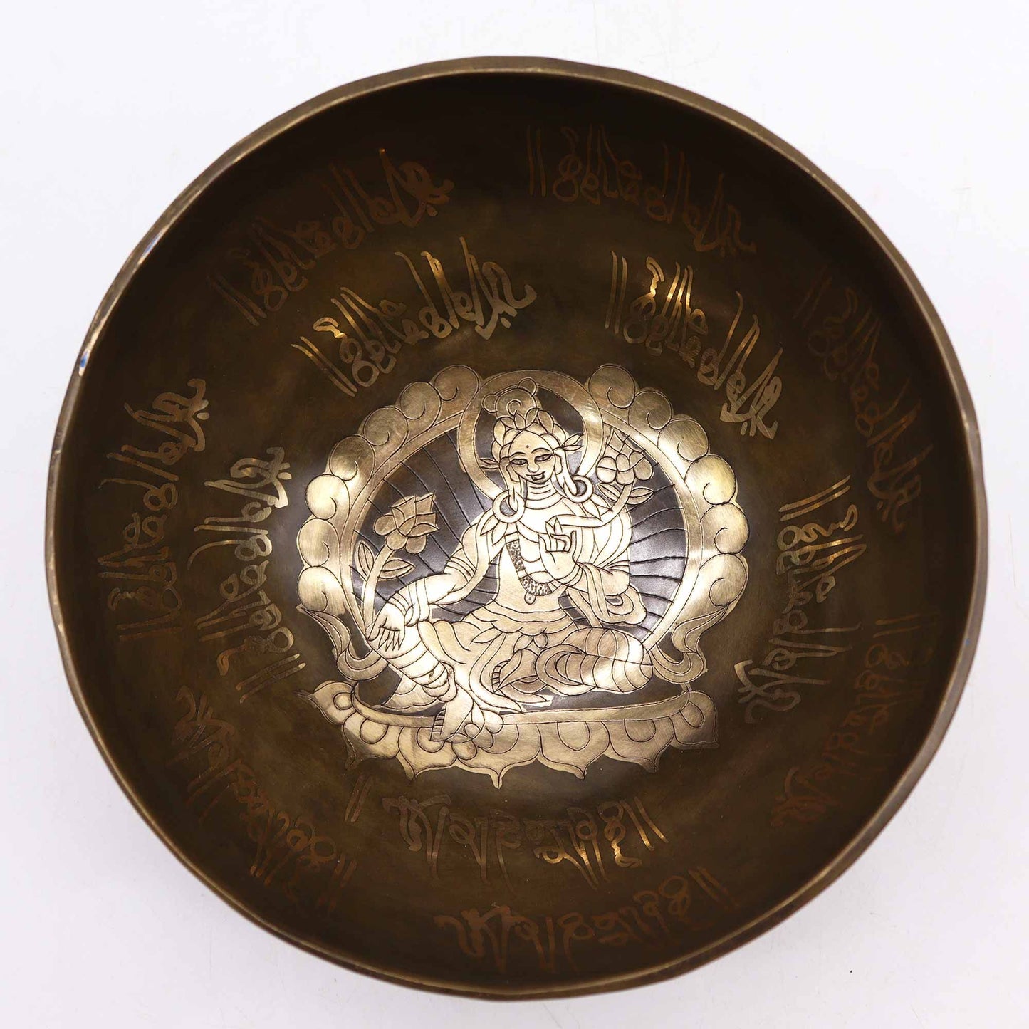 Brass Golden Tara Singing Bowl Gift Set – 19 cm Tibetan Meditation Bowl in Padded Box