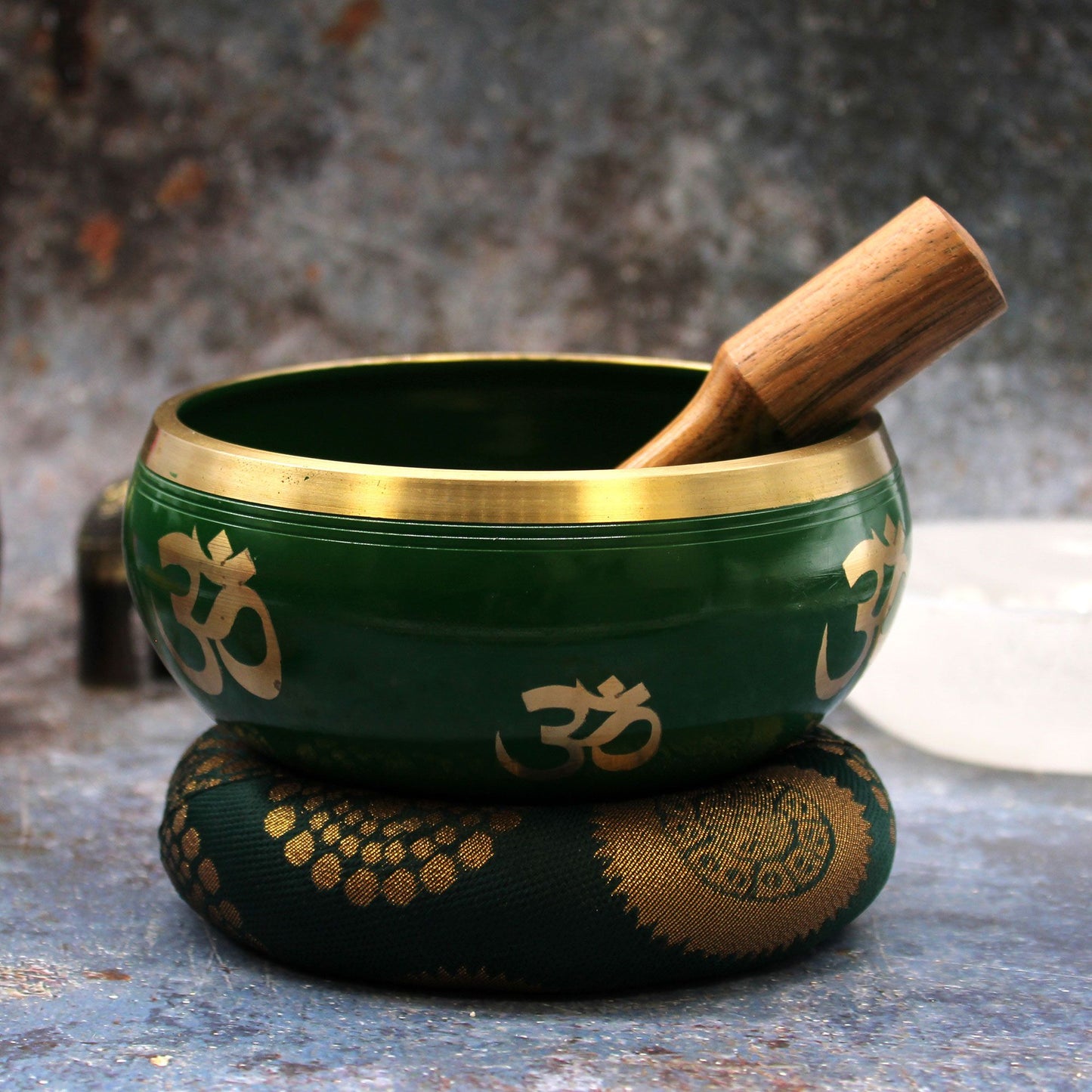 Large Tree of Life Singing Bowl Set – Green Brass Meditation Bowl (14cm)