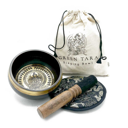Hand Beaten & Engraved Singing Bowl Gift Set – 14cm, Green Tara with Mallet, Cushion & Pouch