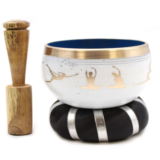 Yoga Moves Singing Bowl Set – 10.7cm White & Blue Brass Meditation Bowl with Mallet and Cushion