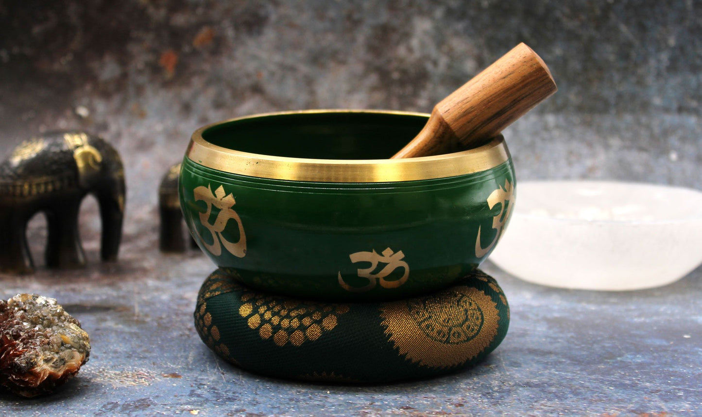 Large Tree of Life Singing Bowl Set – Green Brass Meditation Bowl (14cm)