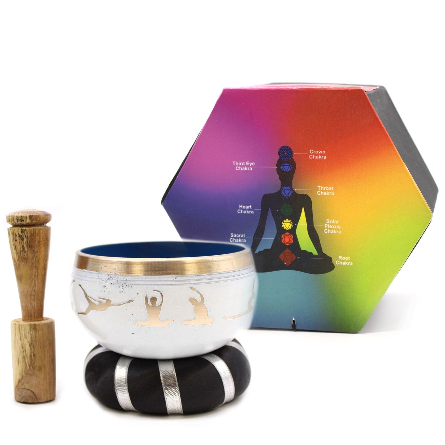 Yoga Moves Singing Bowl Set – 10.7cm White & Blue Brass Meditation Bowl with Mallet and Cushion