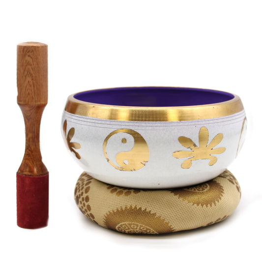 Large Yin & Yang Singing Bowl Set – 14 cm White & Purple Brass Meditation Bowl with Mallet and Cushion