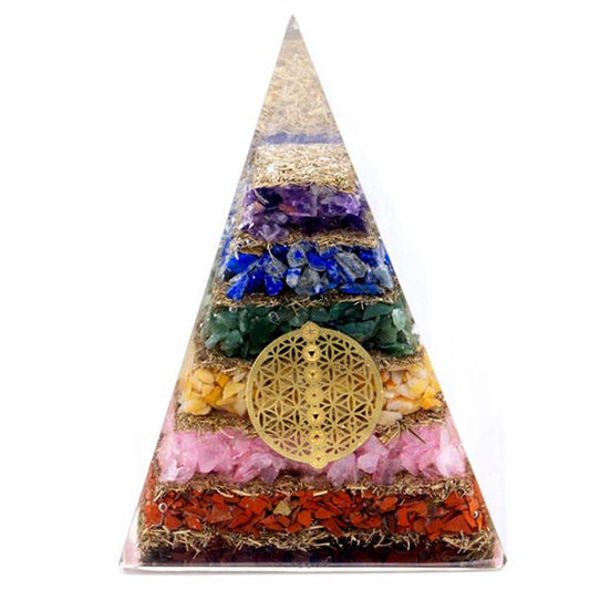 Orgonite Pyramid – Seven Chakra with Flower of Life (70mm)
