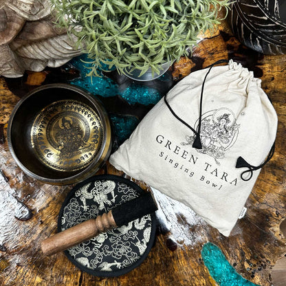 Hand Beaten & Engraved Singing Bowl Gift Set – 14cm, Green Tara with Mallet, Cushion & Pouch