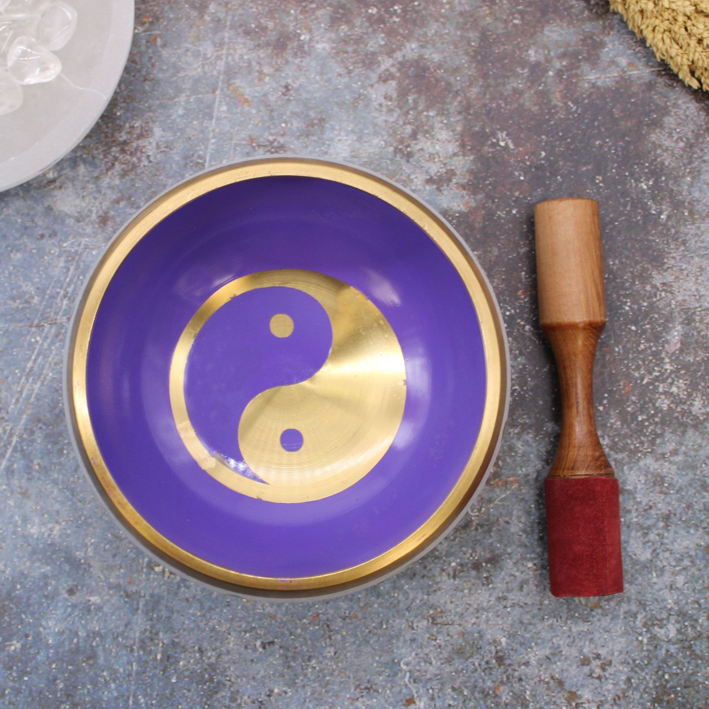 Large Yin & Yang Singing Bowl Set – 14 cm White & Purple Brass Meditation Bowl with Mallet and Cushion