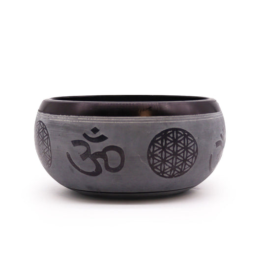 Earth Powder Singing Bowl – 16cm Brass Meditation Bowl with Om & Five Buddhas Design