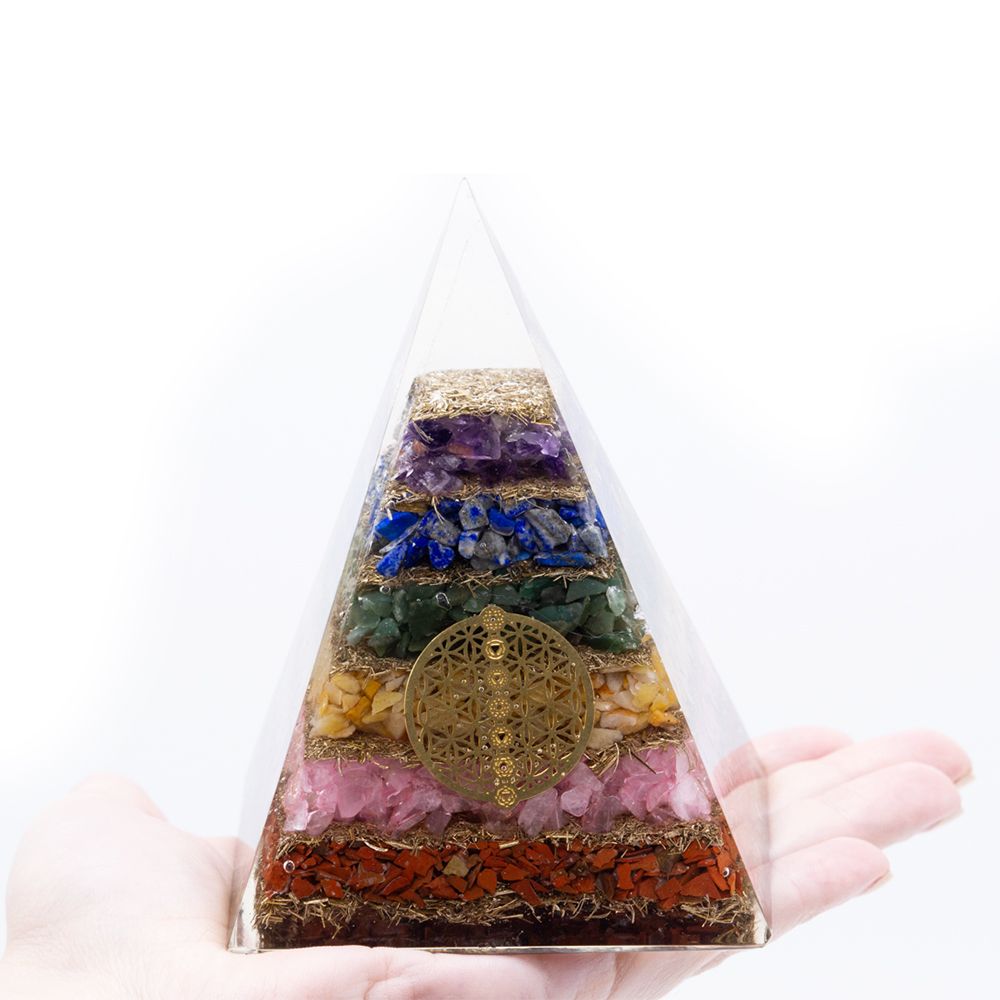 Orgonite Pyramid – Seven Chakra with Flower of Life (70mm)