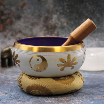 Large Yin & Yang Singing Bowl Set – 14 cm White & Purple Brass Meditation Bowl with Mallet and Cushion