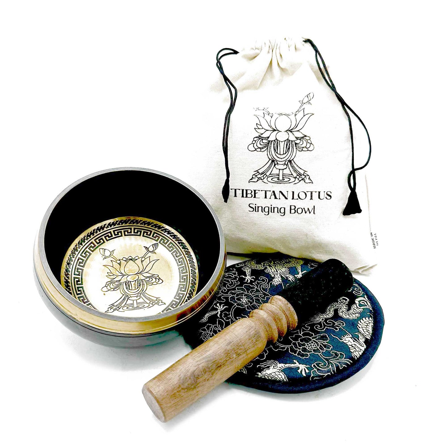 Hand Beaten & Engraved Singing Bowl Gift Set – 14cm, Lotus Flower with Mallet, Cushion & Pouch