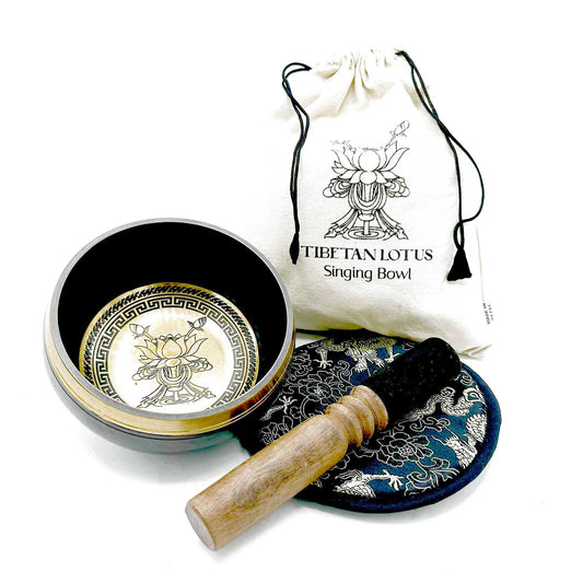 Hand Beaten & Engraved Singing Bowl Gift Set – 14cm, Lotus Flower with Mallet, Cushion & Pouch