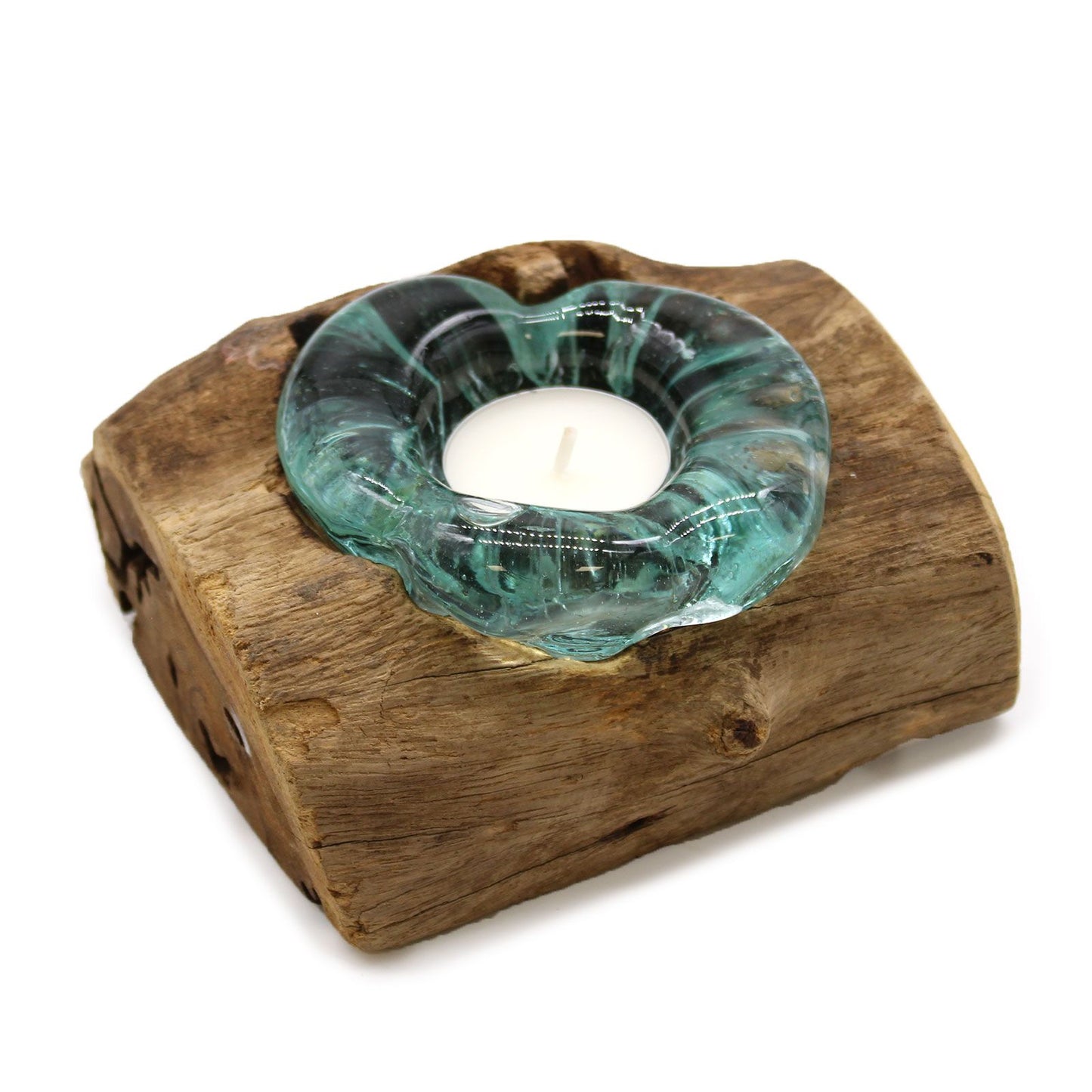 Molten Glass Candle Holder on Gamal Wood – Single