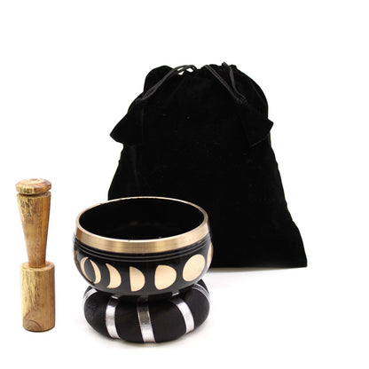 Moon Phase Singing Bowl Set – 10.7 cm Black Brass Meditation Bowl with Mallet & Cushion