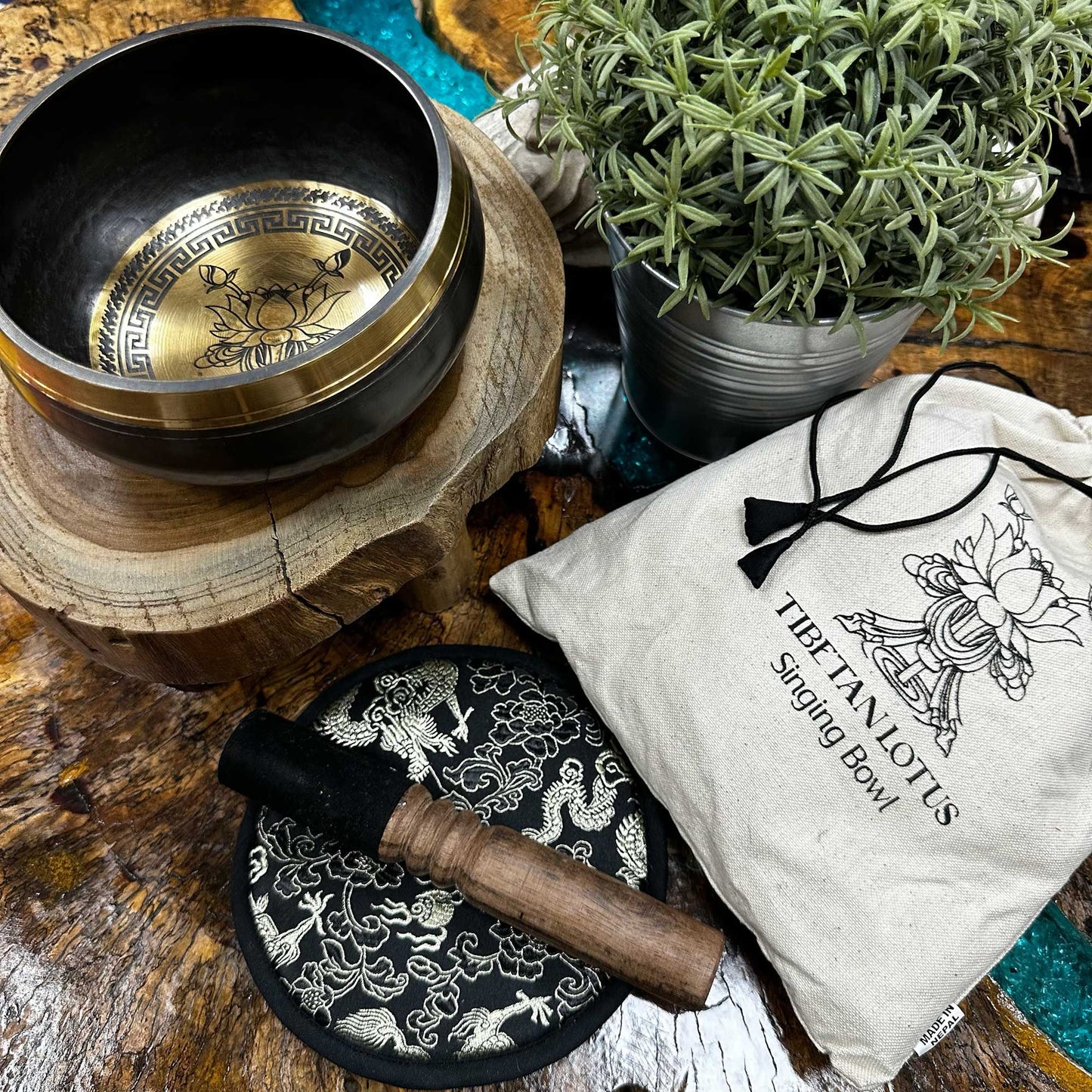 Hand Beaten & Engraved Singing Bowl Gift Set – 14cm, Lotus Flower with Mallet, Cushion & Pouch