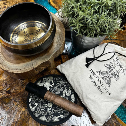 Hand Beaten & Engraved Singing Bowl Gift Set – 14cm, Lotus Flower with Mallet, Cushion & Pouch