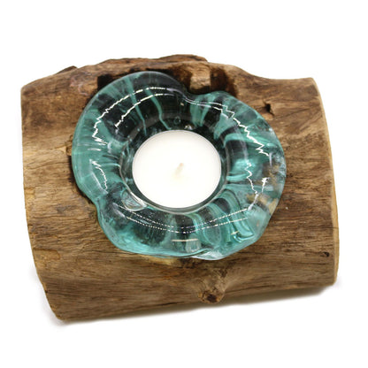 Molten Glass Candle Holder on Gamal Wood – Single