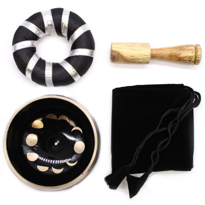 Moon Phase Singing Bowl Set – 10.7 cm Black Brass Meditation Bowl with Mallet & Cushion