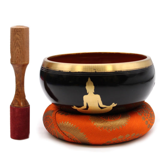 Large Buddha Singing Bowl Set – Black & Orange Handcrafted Brass Meditation Bowl (14 cm)