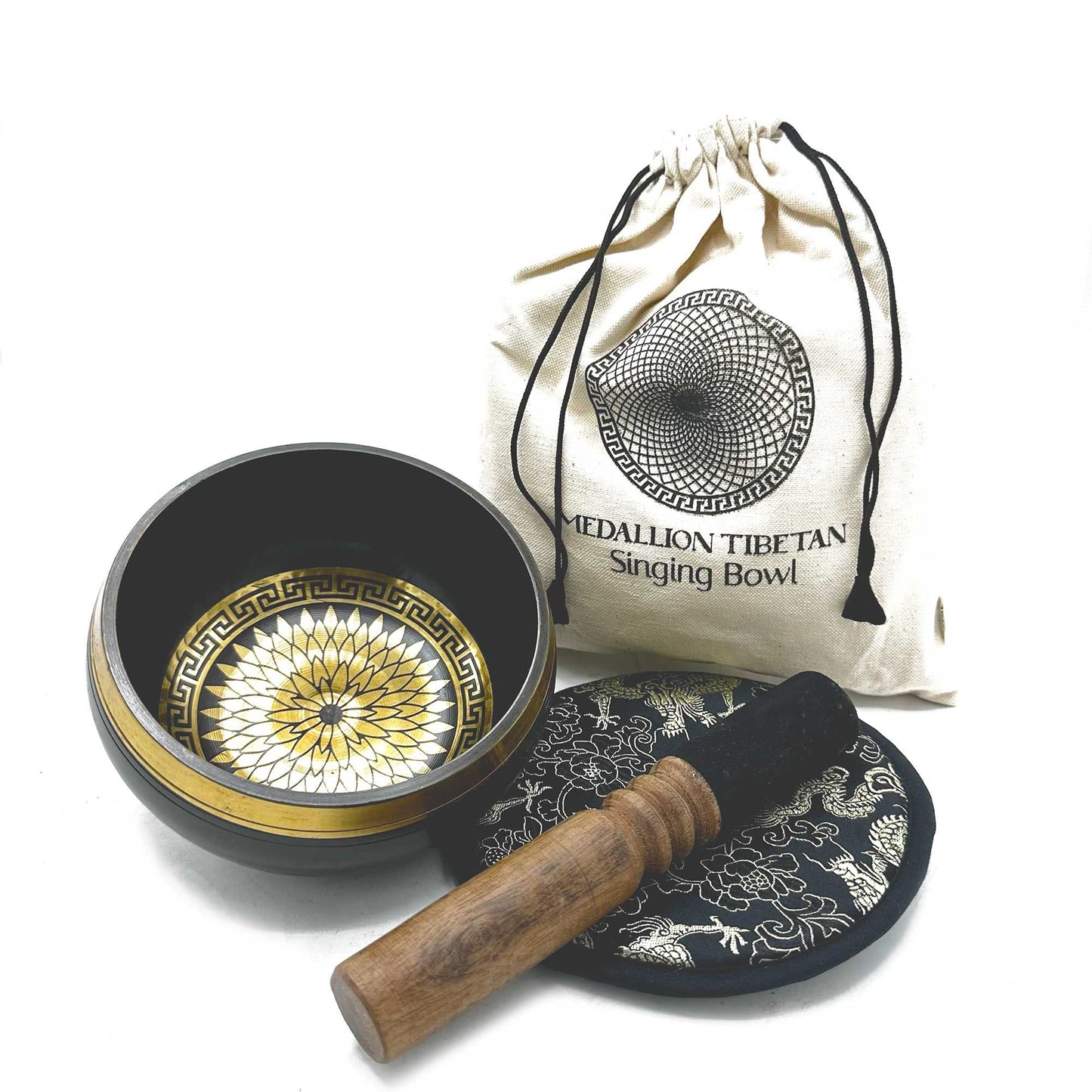 Hand Beaten & Engraved Singing Bowl Gift Set – 14cm, Round Medallions with Mallet, Cushion & Pouch