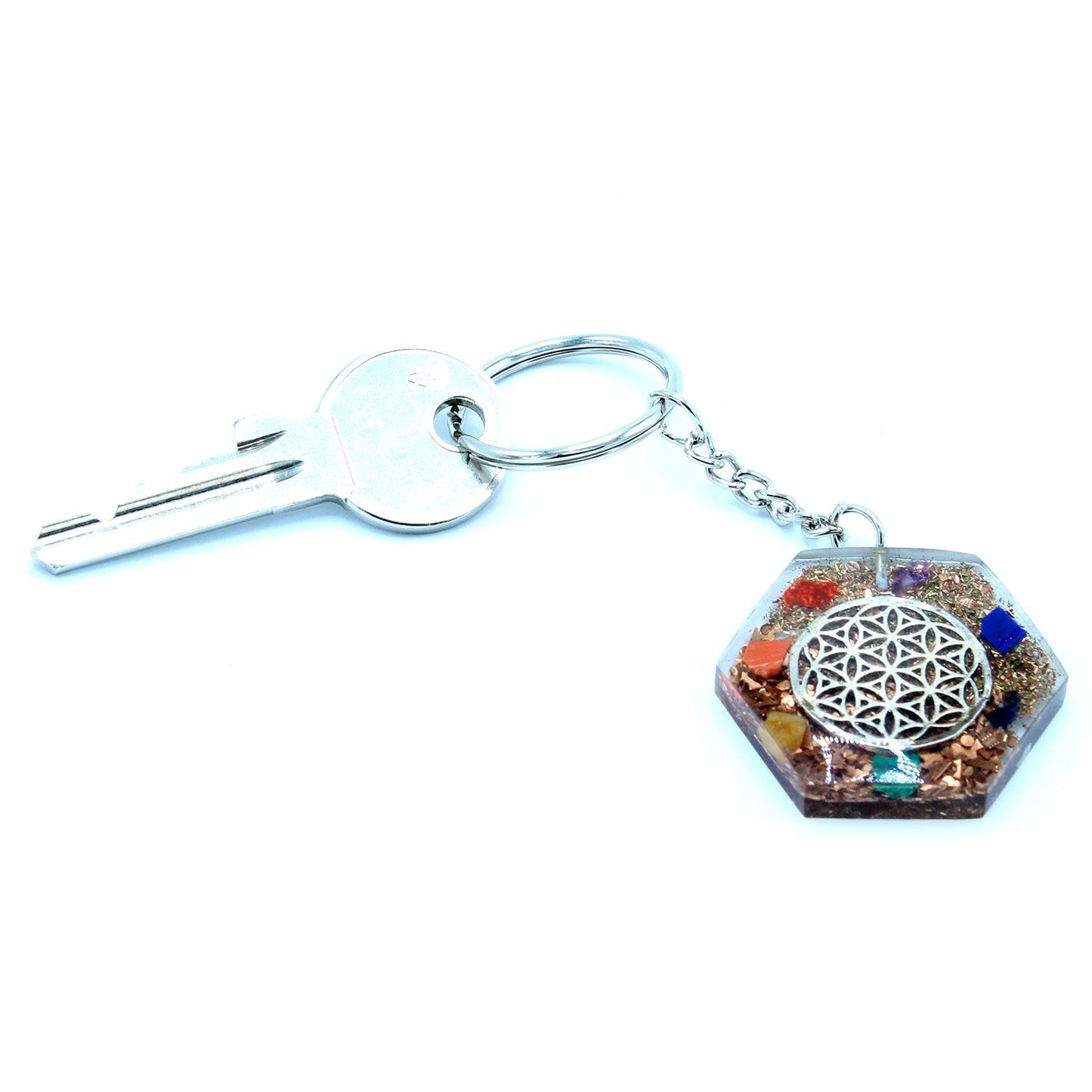 Orgonite Power Keyring – Octagon Flower of Life with 7 Chakra Stones