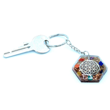Orgonite Power Keyring – Octagon Flower of Life with 7 Chakra Stones