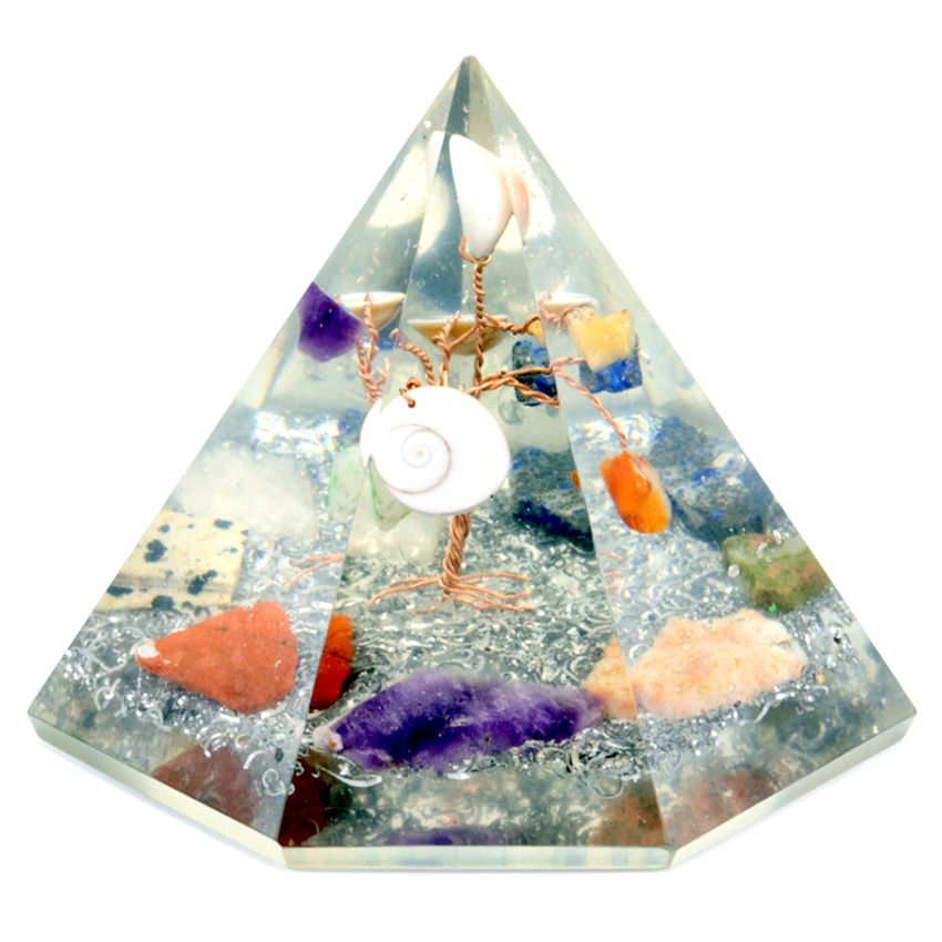 Orgonite Wisdom Pyramid – 7-Sided Gemstone Tree of Life (90mm)