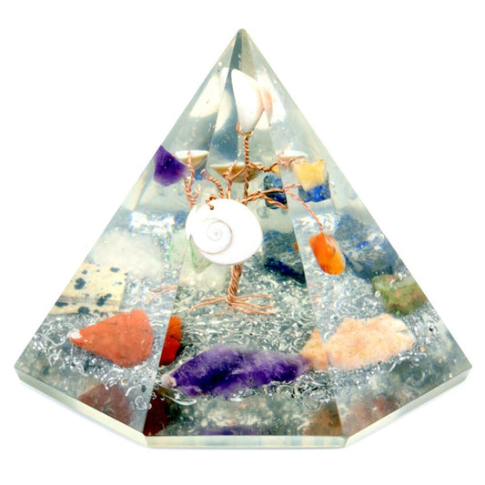 Orgonite Wisdom Pyramid – 7-Sided Gemstone Tree of Life (90mm)