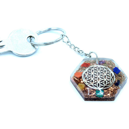 Orgonite Power Keyring – Octagon Flower of Life with 7 Chakra Stones