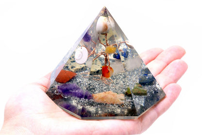 Orgonite Wisdom Pyramid – 7-Sided Gemstone Tree of Life (90mm)