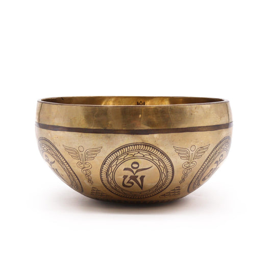 Tibetan Engraved Singing Bowl – 16cm Brass Meditation Bowl with Bodhi Tree & Buddha Design