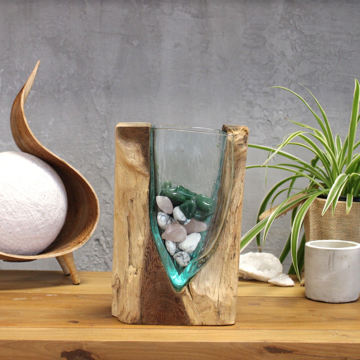 Molten Glass V-Shaped Art Vase on Wood – Handcrafted Natural Decor