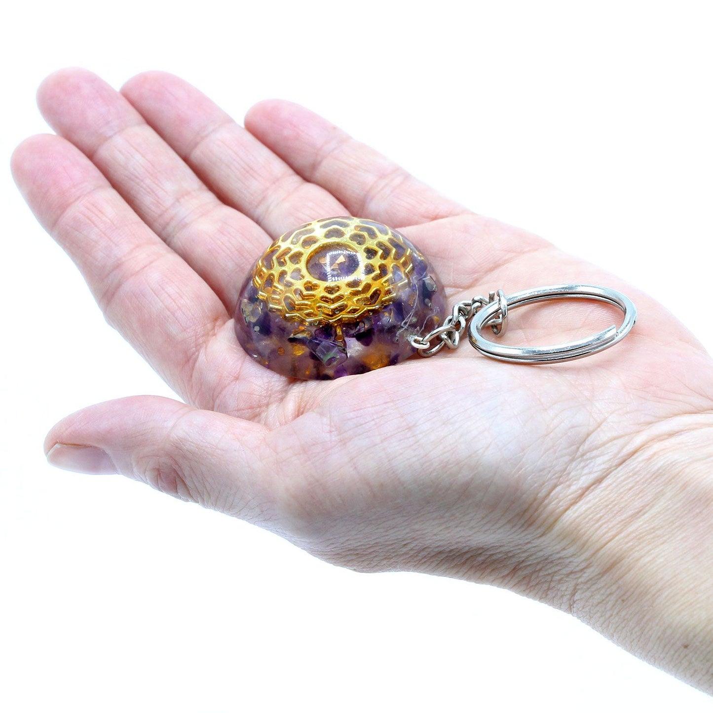 Orgonite Power Keyring – Amethyst Mandala Hearts