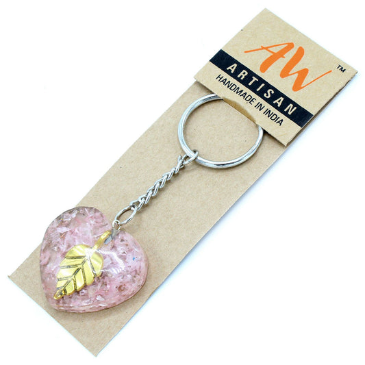 Orgonite Power Keyring – Rose Quartz Hearts with Golden Leaf