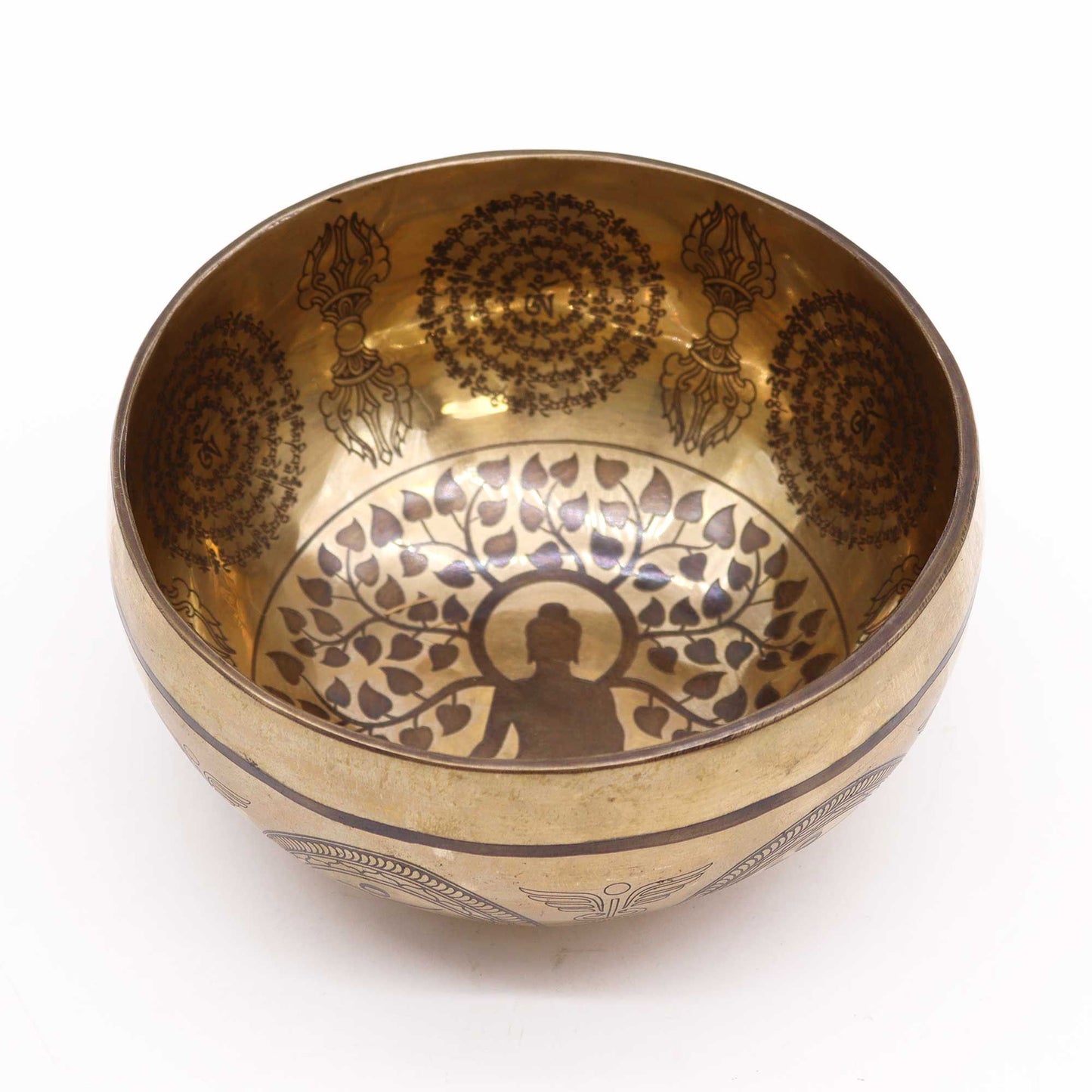 Tibetan Engraved Singing Bowl – 16cm Brass Meditation Bowl with Bodhi Tree & Buddha Design
