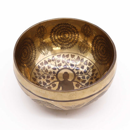 Tibetan Engraved Singing Bowl – 16cm Brass Meditation Bowl with Bodhi Tree & Buddha Design