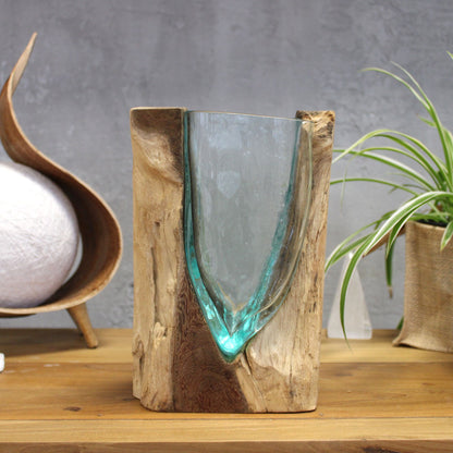 Molten Glass V-Shaped Art Vase on Wood – Handcrafted Natural Decor