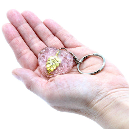 Orgonite Power Keyring – Rose Quartz Hearts with Golden Leaf
