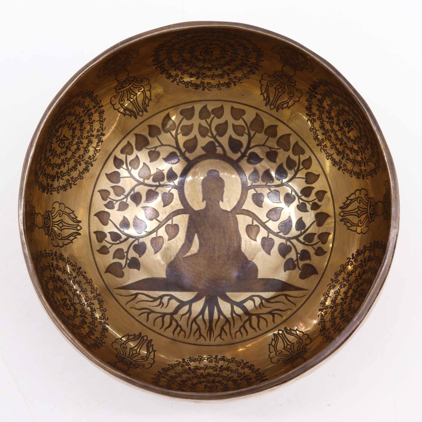 Tibetan Engraved Singing Bowl – 16cm Brass Meditation Bowl with Bodhi Tree & Buddha Design