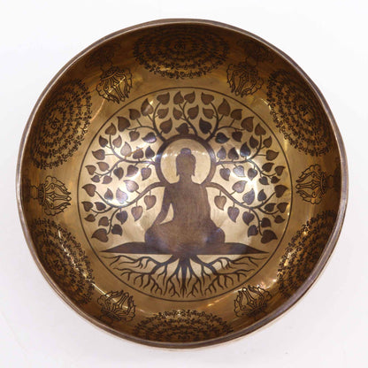 Tibetan Engraved Singing Bowl – 16cm Brass Meditation Bowl with Bodhi Tree & Buddha Design