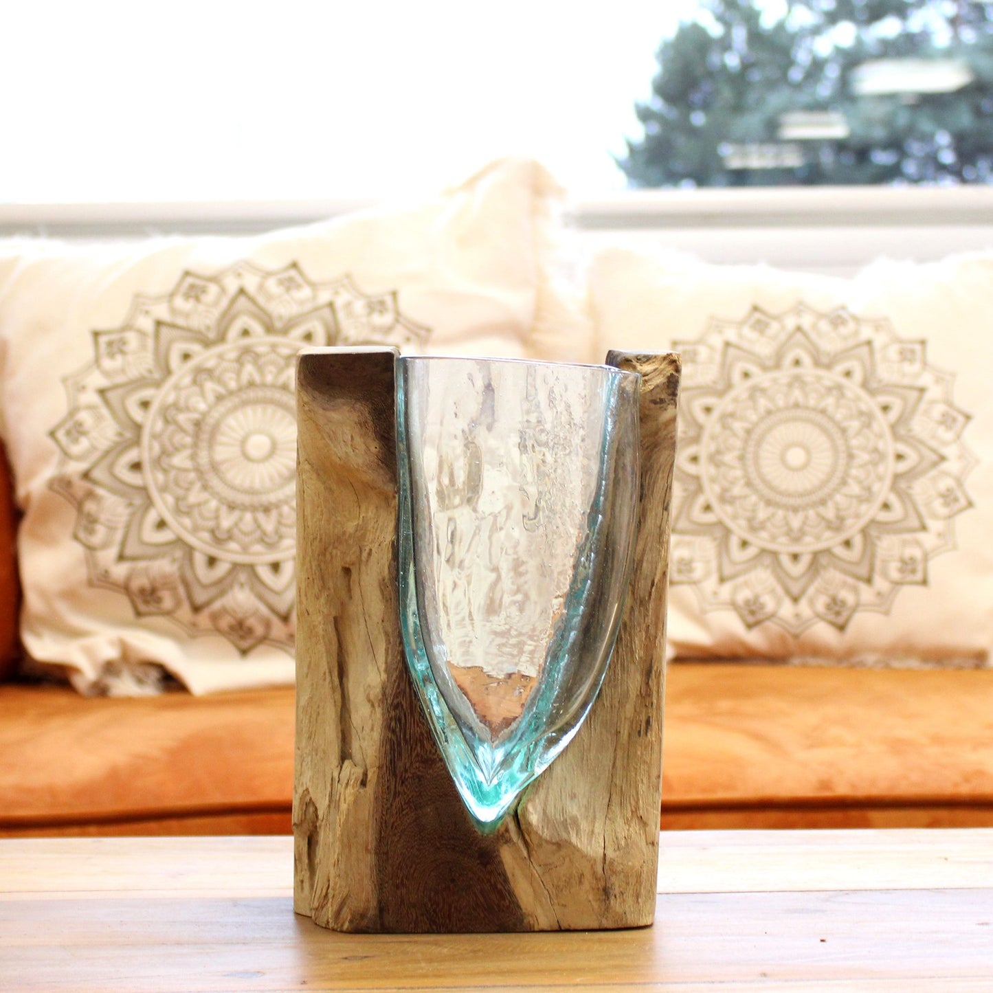 Molten Glass V-Shaped Art Vase on Wood – Handcrafted Natural Decor