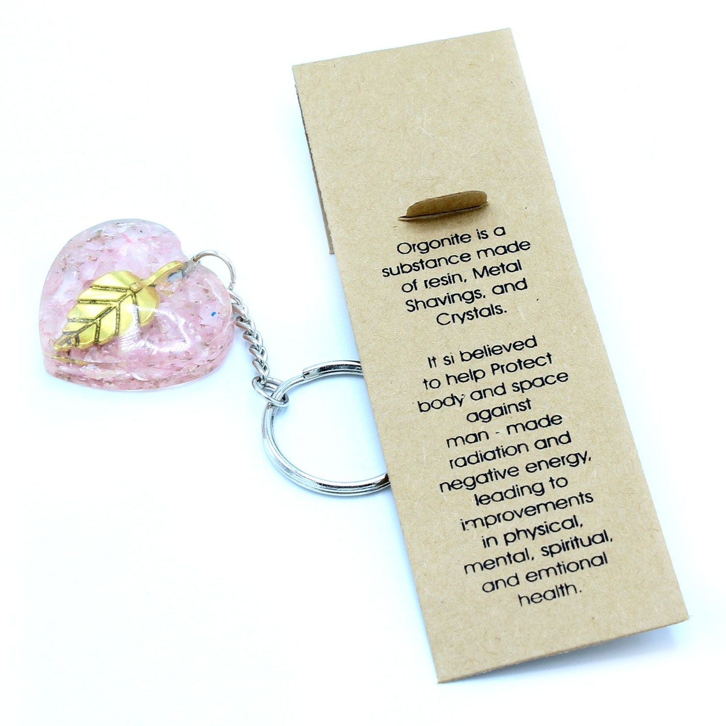 Orgonite Power Keyring – Rose Quartz Hearts with Golden Leaf