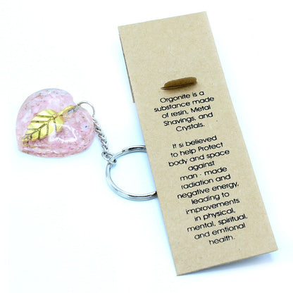 Orgonite Power Keyring – Rose Quartz Hearts with Golden Leaf