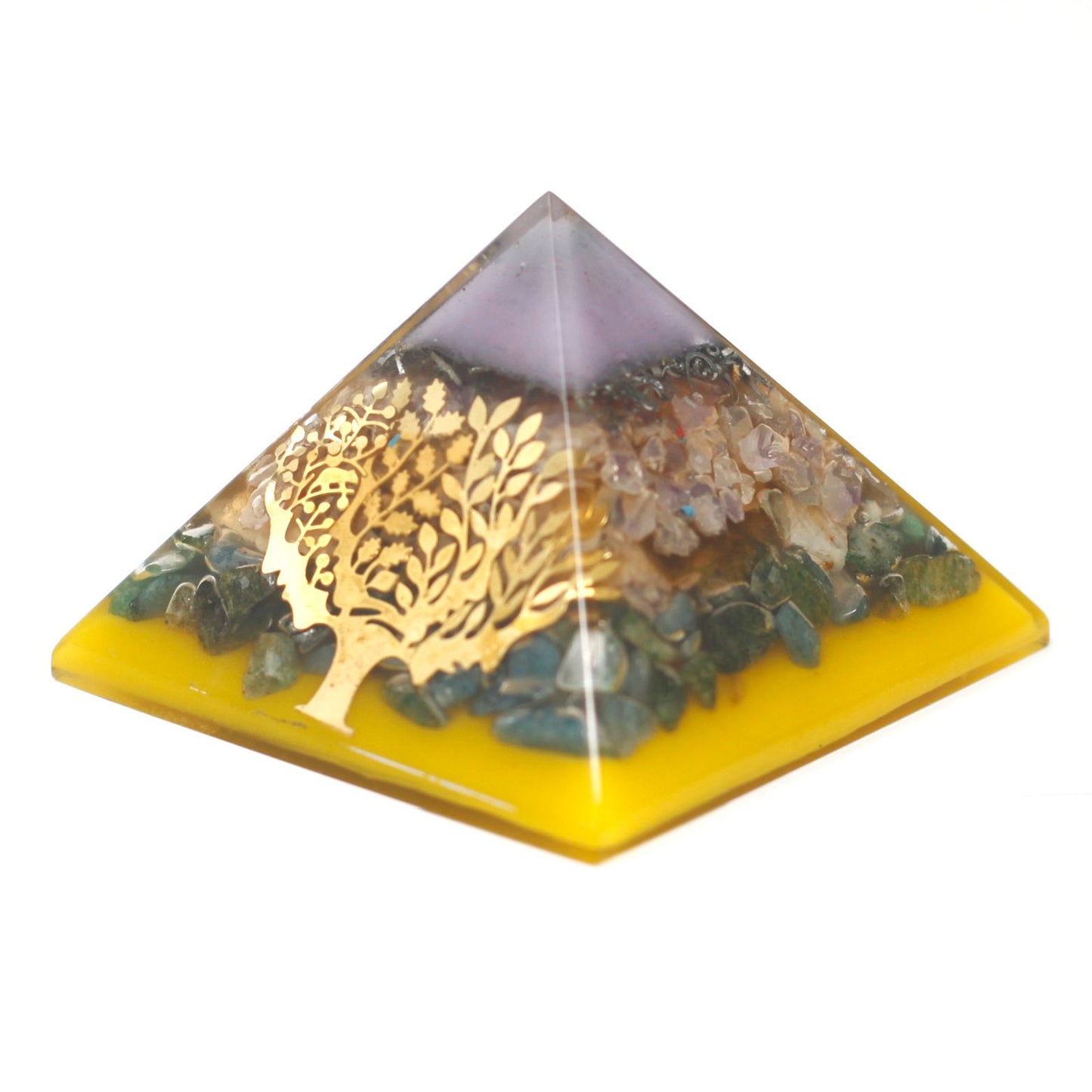 Large Orgonite Pyramid – Tree of Life (Gold Base) – 70mm