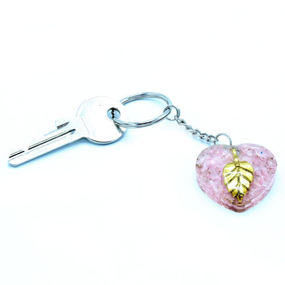 Orgonite Power Keyring – Rose Quartz Hearts with Golden Leaf