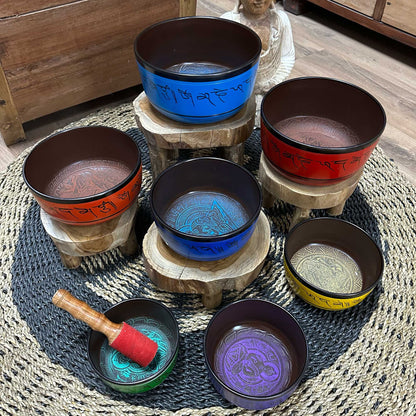 Small Chakra Singing Bowl Set (7 Pieces, 14–22cm) – Handcrafted Brass Meditation Bowls